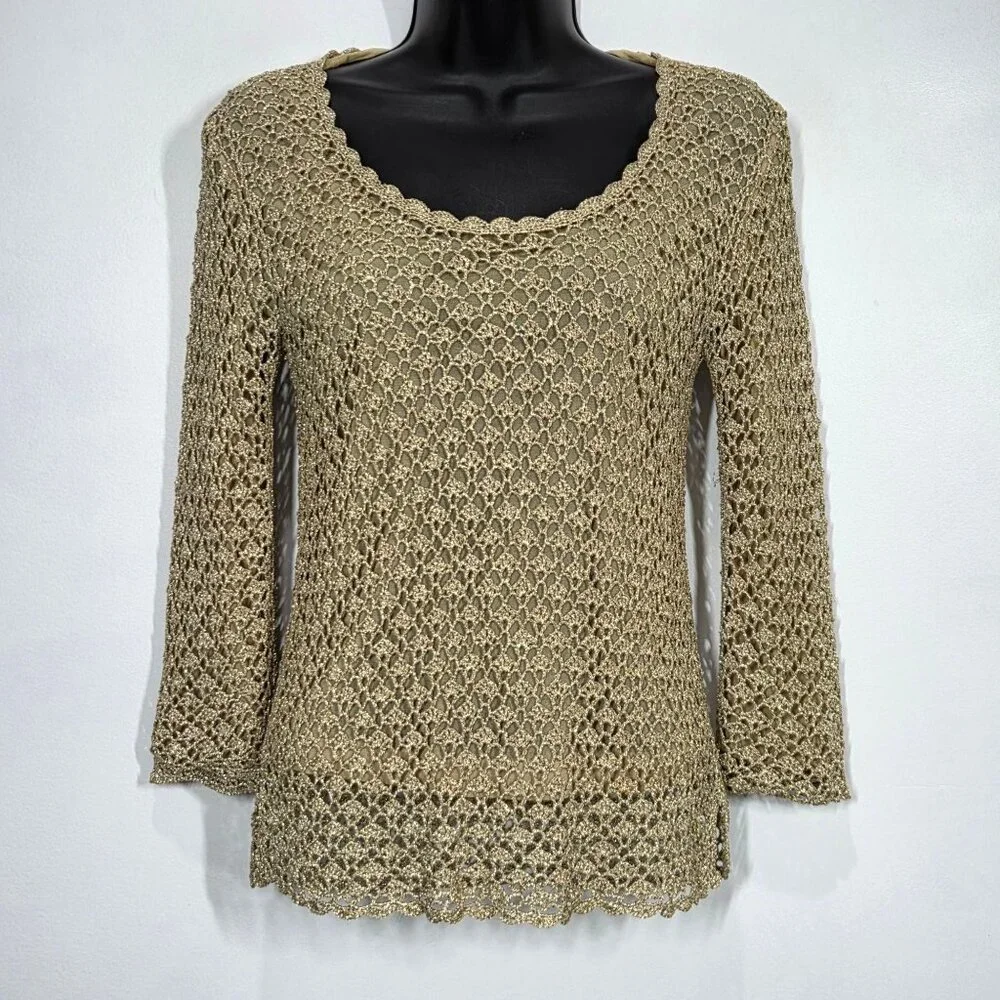 Vintage Cache Top Womens Small Gold Metallic Crochet Knit Mesh Party Y2K